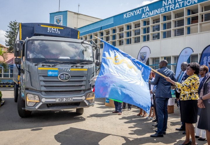 A supplies truck being flagged off outside Kenyatta National Hospital